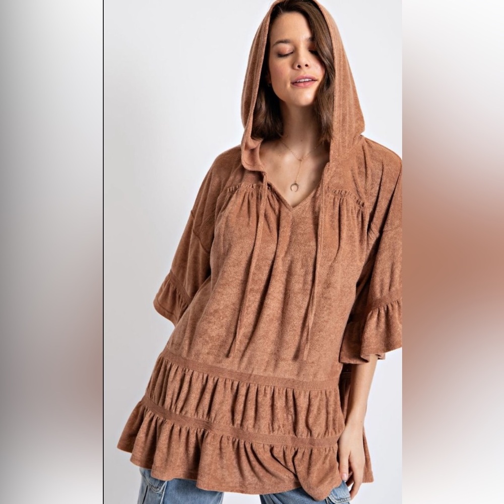 Easel Hooded Terry Ruffle Tunic in Warm Cinnamon Size L NWT